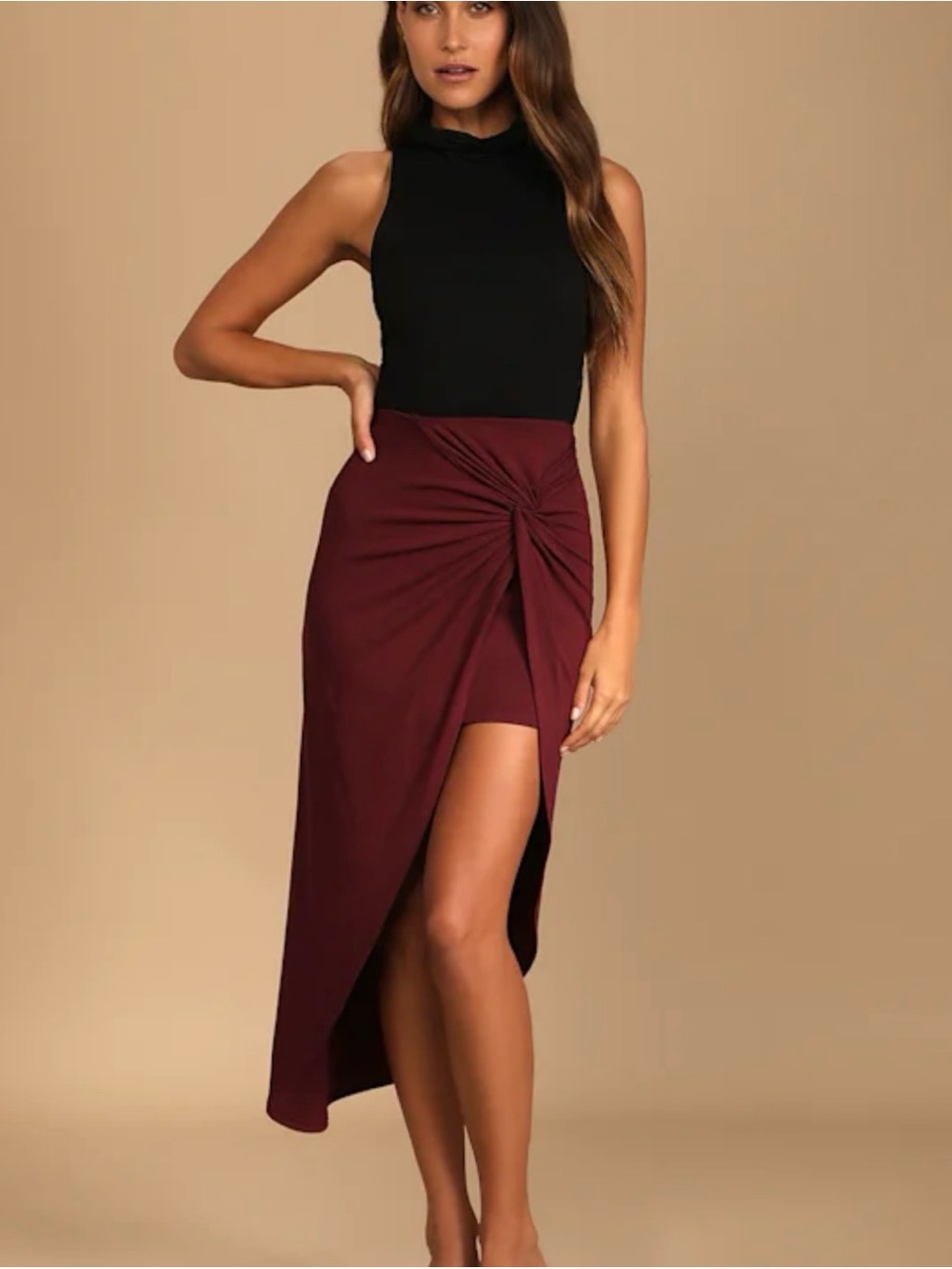 Lulus Put a Spin On It Burgundy Twist-Front High-Low Midi Skirt XS